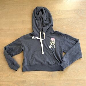 Washed blue Soulcycle cropped hoodie rainbow skull